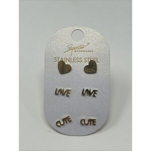 NWT Superstar Accessories 3 Pair Gold Tone Stainless Steel Heart Love Earrings